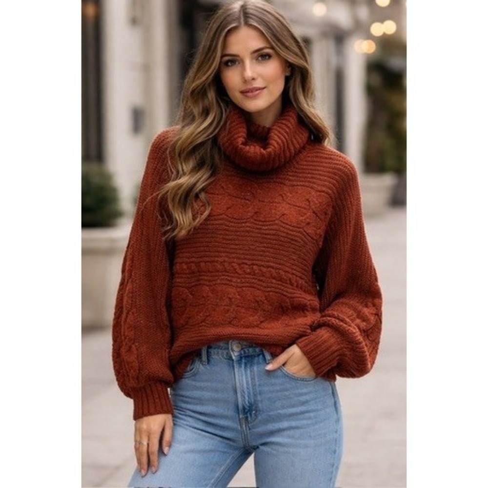 Olive Oak Rust Orange Cable Knit Turtleneck Sweater Balloon Sleeve Women‎ Medium